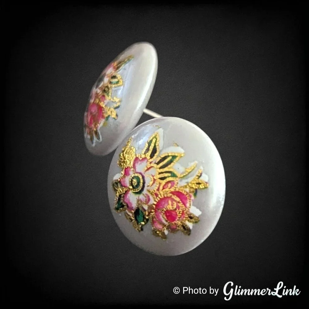 Vintage 70s Tensha Style Stud Earrings Pearled Gray Dome with Pink Gold Flowers